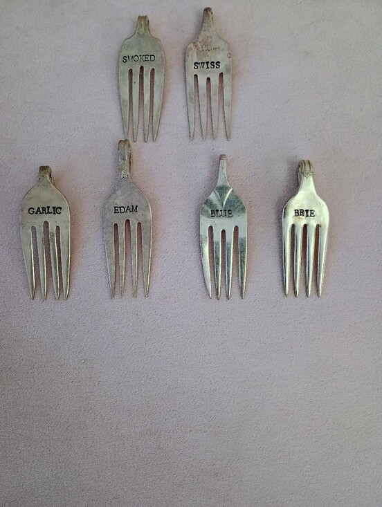 Other - Set of 7 Vintage Cheese/Tasting Fork Markers - Silver Tone- Hand stamped
